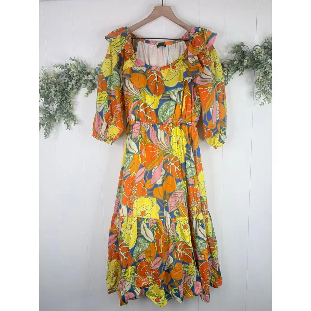 J. Crew Tropical Floral Midi Dress Small Ruffle Off Shoulder Summer Vacation